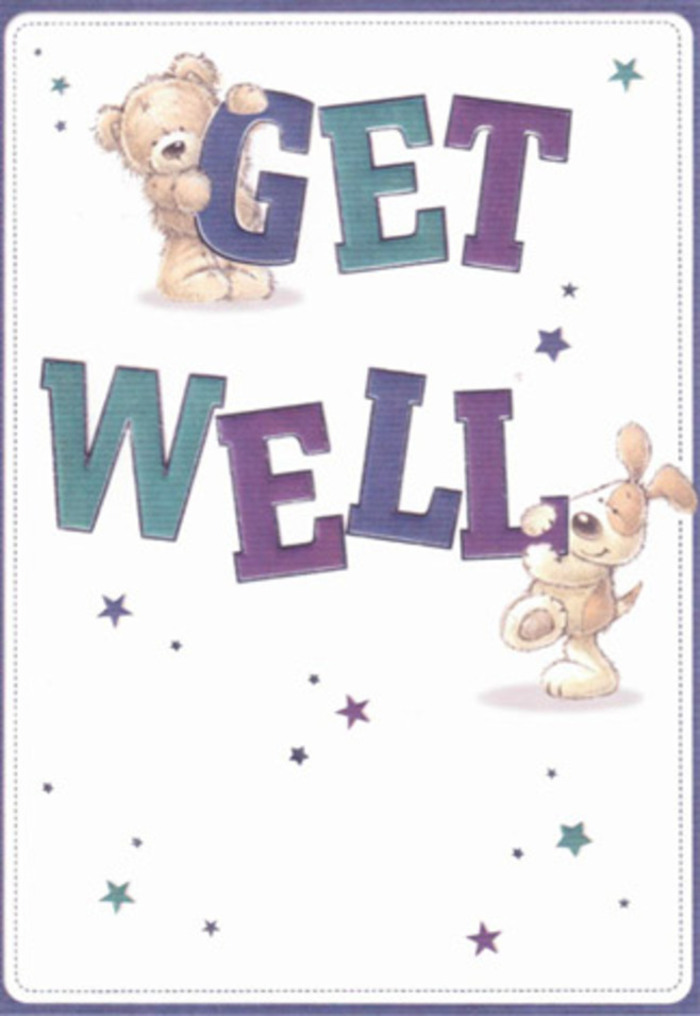 This charming get well card illustration captures the tender, slightly playful reassurance that's so comforting when someone's feeling poorly, the way a surprise bouquet arriving at a doorstep in Islington can instantly change the mood. At the centre of the composition is a bold Get Well message, written in big, rounded letters that feel as friendly as a handwritten note. The top word, GET, is anchored by a soft, plush teddy bear, its fur shaded with gentle browns and creams that suggest a well-loved, slightly squishy toy you might have clutched as a child. The bear's paws drape casually over the letters, and its small smile and bright eyes seem to say, I'm here, it'll be okay. Just below, WELL is animated by a floppy-eared puppy, its coat depicted in creamy beige and warm golden tones. The dog leans its weight against the letters, one paw lifted in a jaunty, almost balancing pose, as though helping prop up the good wishes. Both characters are rendered with rounded lines and soft shading, giving them a tactile, almost touchable quality-like the feel of velvet ribbon around a bouquet stem. The letters themselves glow in rich purples, indigos, and aquas, with subtle gradients that create depth and a slight shine, reminiscent of satin gift wrap or the sheen on fresh petals in a florist's window. Scattered around the words and characters are starbursts and little stars in blues, teals, and purples, drifting across a bright white background. These playful shapes look like tiny bursts of magic, echoing whispered get well soon wishes floating through the air, much like the way a fragrant arrangement from a local Islington florist can fill a room in Canonbury or Barnsbury with quiet comfort and hope. The whole design is airy, optimistic, and sincere, ideal for pairing with a thoughtfully chosen bouquet to brighten a recovery day.