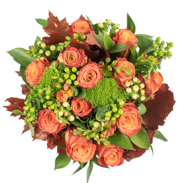 From a top-down perspective this circular bouquet presents a harmonious autumn narrative of colour and texture laid out against a pure white ground. The eye is drawn first to numerous large roses, each blossom showing a soft, sunlit peach at its centre that graduates outward to coral and a richer orange, with some petals edged in a reddish-rust that reads like the last embers of summer. Nestled among those classical blooms are clusters of waxy Hypericum berries-vivid lime green alongside creamy pale yellow berries-introducing contrast and a crisp, tactile element that glints softly in the light. The arrangement's verdant heartbeat is provided by compact Green Trick dianthus: small, rounded, velvety masses that feel like green moss and bring an element of botanical whimsy. Deep, lobed leaves in warm burgundy and chestnut tones are placed to echo fallen leaves, giving the design an autumnal silhouette and anchoring the lighter hues. Broad glossy greenery completes the structure, their surfaces catching highlights and creating a sense of depth and fullness. The overall scent is understated-soft rose notes with a hint of leafy earthiness-perfect for a dining table or mantel where the flowers will lend warmth without overpowering conversation. Designed with an eye toward seasonal hospitality and the neighbourhood's autumn streetscapes-imagining walks past Islington Green or the produce stalls of Chapel Market-this bouquet conveys gratitude, harvest richness, and the comforting stillness of fall while maintaining refined florist craftsmanship.