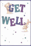 A whimsical get well card illustration shows a cuddly teddy bear and a floppy-eared puppy teaming up to deliver a cheerful message, the way friends and neighbours in Islington rally round when someone's under the weather. The soft, rounded teddy clings to the top of the bold word GET, its plush fur shaded in warm, comforting browns that feel as snuggly as a favourite toy from childhood. Below, the lively puppy balances against the deep indigo and teal letters of WELL, its velvety ears flopping forward as if leaning in for a reassuring nuzzle. Both characters have wide, expressive faces, with bright, friendly eyes and gentle smiles that radiate affection and hope. Around them, scattered starbursts in shades of blue, purple, and aqua dance across a pristine cream-white background, like little sparks of encouragement floating through clear air. The clean backdrop suggests freshness and calm, reminiscent of the quiet you might find on a peaceful morning walk through Highbury Fields or along a side street off Upper Street, when the light is soft and healing. The confident, chunky lettering almost seems to pop off the page, turning the simple Get Well message into a miniature celebration, echoing the way a thoughtfully arranged bouquet can transform a hospital bedside or a recovery room at home. There are no flowers drawn here, yet the textures and colours evoke the same soothing effect: the bear's fur like brushed velvet, the puppy's coat like soft felt, the stars like tiny blooms scattered carefully by hand. The whole card feels gentle, uplifting, and sincere-perfect to accompany a bright, get-well bouquet delivered to a friend recuperating anywhere across Islington, from Angel to Canonbury, carrying not just words but genuine warmth and care.